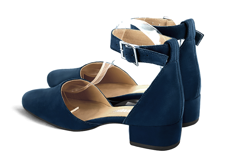Navy blue women's open side shoes, with a strap around the ankle. Round toe. Low block heels. Rear view - Florence KOOIJMAN